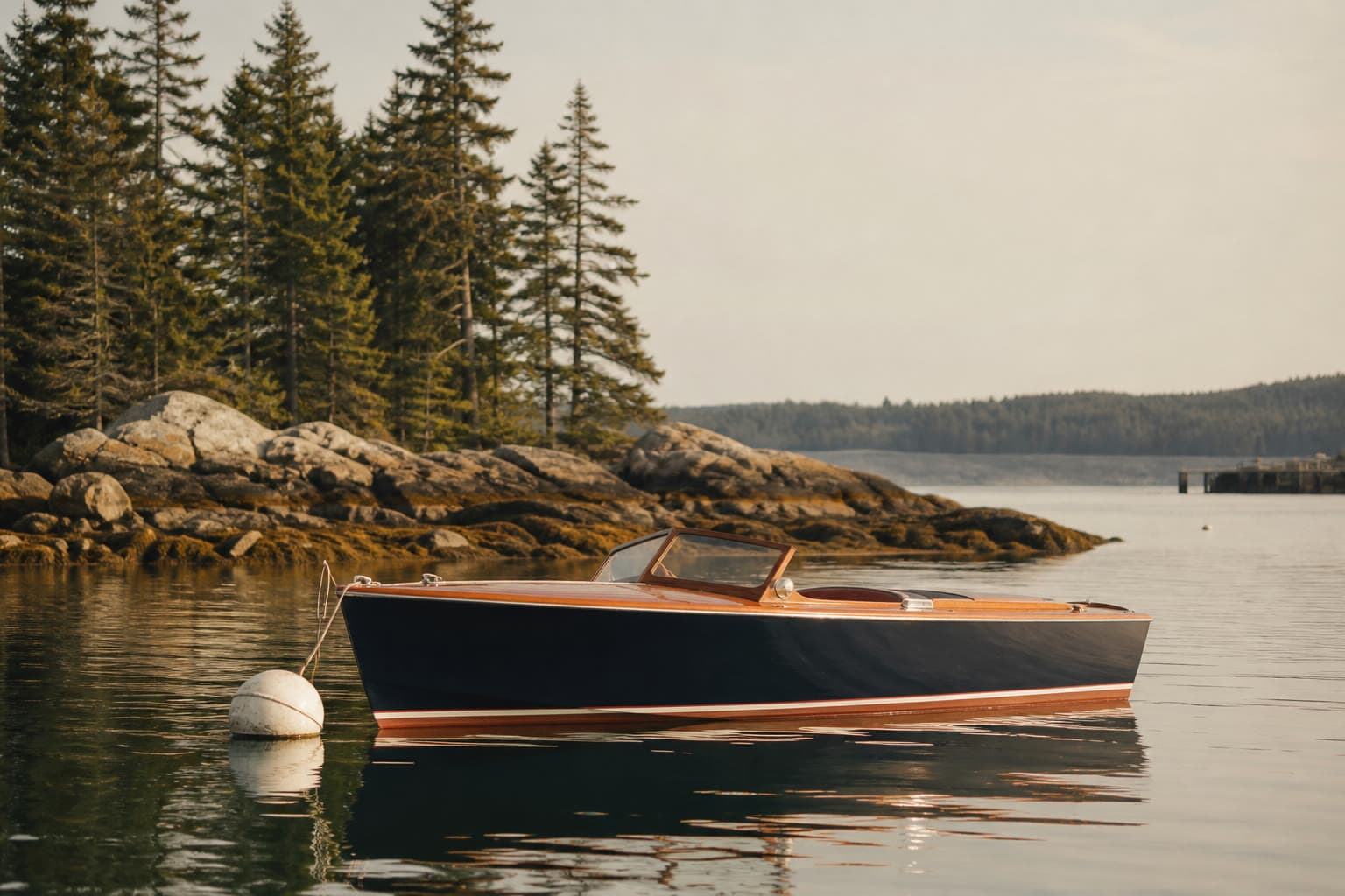 Classic Downeast picnic boat on a Maine mooring at golden hour