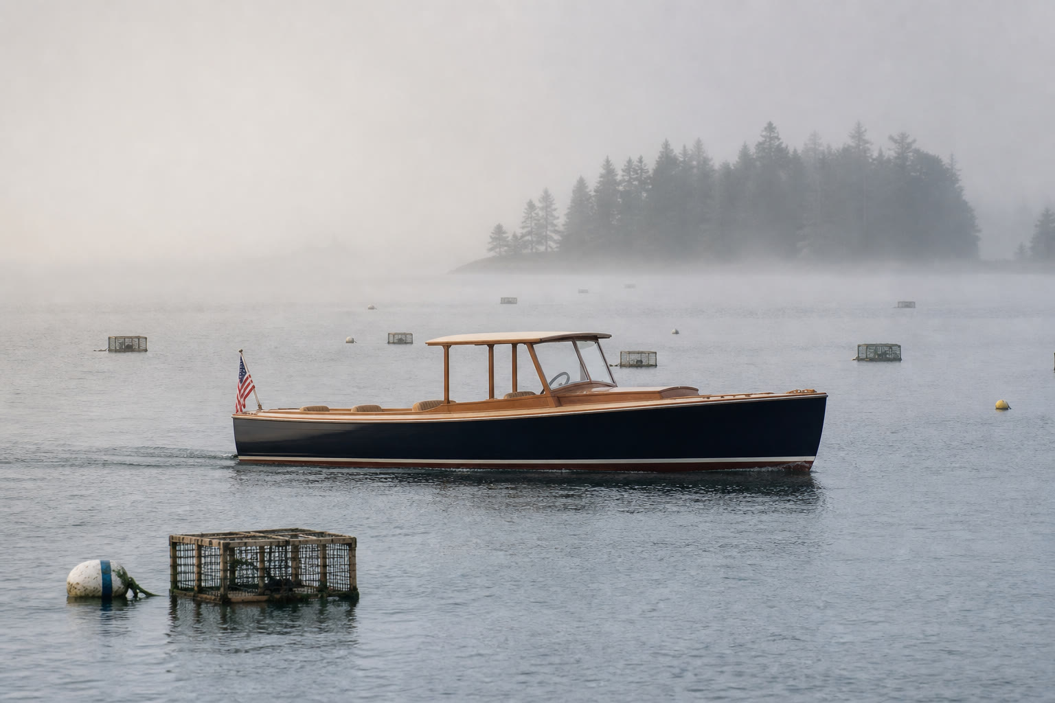 Fog over Casco Bay — quiet water and a Downeast shoreline