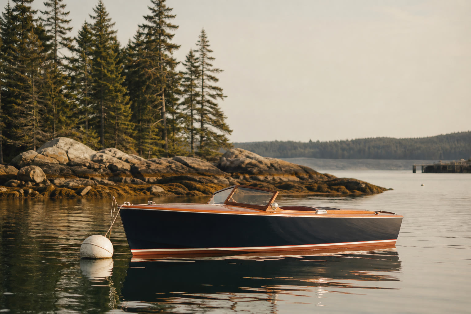 Classic Downeast picnic boat on a Maine mooring at golden hour