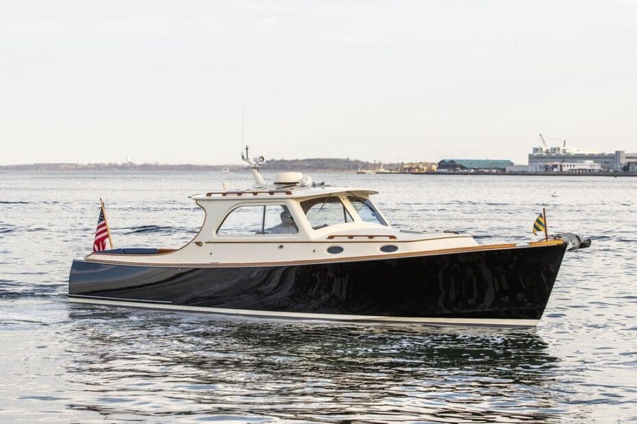 Hinckley Picnic Boat at the dock with teak brightwork